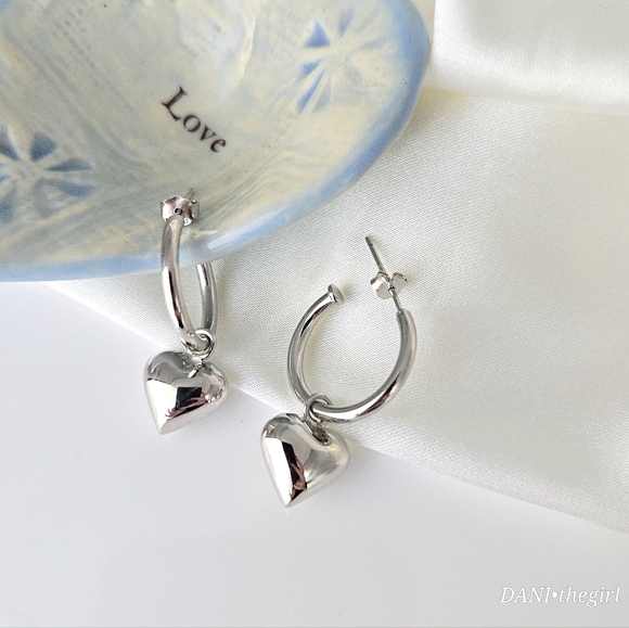 NEW Sterling Silver Hoops with 3-D Heart Charms - Picture 4 of 9